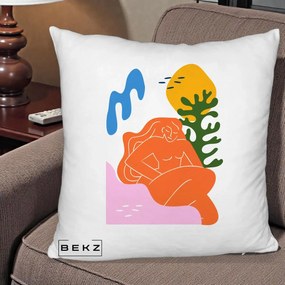 Perna Decorativa Femeie Portocalie Relaxata, 40x40 cm, Alb Pufos, Husa Detasabila, Perna Inclusa, BEKZ®