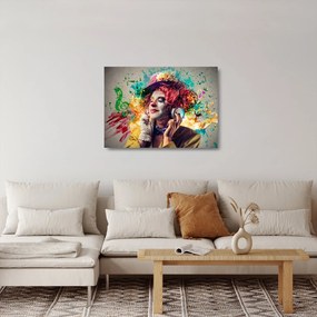 Tablou pe sticlă - Artista cu căști (70x50 cm)