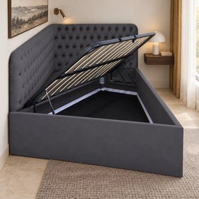 Pat tapițat pentru copii din catifea Elyra 140×200 cm, gri închis, colț stânga, cu ladă de depozitare