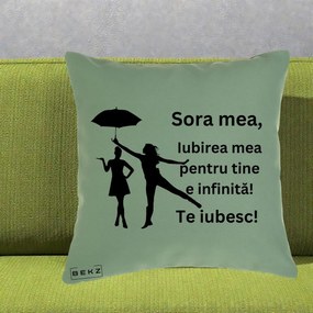 Cadou pentru Sora - Perna Personalizata Sora Mea Te Iubesc Siluete Negre cu Umbrela, 40x40 cm, Verde, Husa Detasabila, Perna Inclusa, BEKZ®