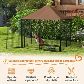 PawHut Gard pentru Câini din Metal cu Ușă pentru Boluri, Gard pentru Câini de Exterior cu Acoperiș, 141x141x151 cm, Negru și Maro