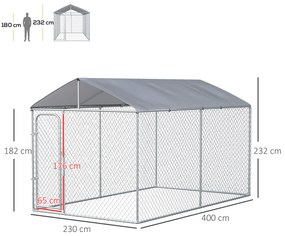 PawHut Țarc pentru Câini din Metal Galvanizat, Acoperiș Oxford, 400x230x232 cm, Argintiu | Aosom Romania