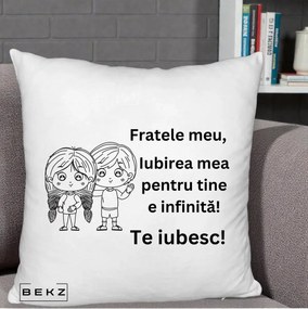 Cadou pentru Frate - Perna Personalizata Fratele Meu Te Iubesc Copii Anime Line Art Negru, 40x40 cm, Alb Pufos, Husa Detasabila, Perna Inclusa, BEKZ®