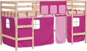 vidaXL Pat etajat de copii cu perdele, roz, 90x190 cm, lemn masiv pin