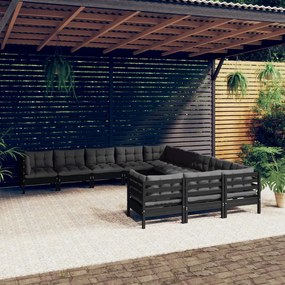 3097023 vidaXL Set mobilier grădină cu perne, 11 piese, negru, lemn de pin