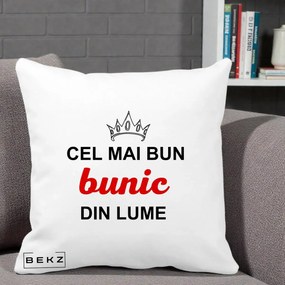 Cadou pentru Bunic - Perna Personalizata Cel Mai Bun Bunic Din Lume Coroana Rosu, 40x40 cm, Alba Mata, Husa Detasabila, Perna Inclusa, BEKZ®
