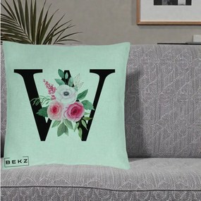 Cadou Personalizat - Perna Personalizata Monograma Florala Litera W cu Trandafiri si Anemona, 40x40 cm, Verde Menta, Husa Detasabila, Perna Inclusa, BEKZ®