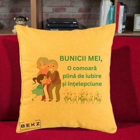 Cadou pentru Bunici - Perna Personalizata Bunicii Mei Comoara Iubire Intelepciune Nepoata, 40x40 cm, Galben, Husa Detasabila, Perna Inclusa, BEKZ®