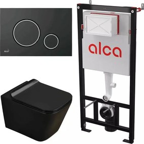 Set rezervor WC cu cadru incastrat Alcadrain AM101/1120 si clapeta M778 negru plus vas WC Fluminia Paris cu capac softclose