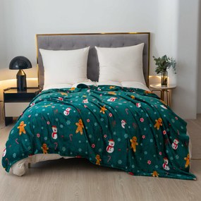 Patura microplus de Craciun SNOWMAN AND GINGERBREAD verde Dimensiuni: 150 x 200 cm