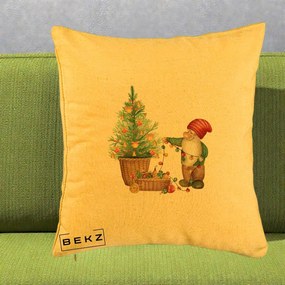 Perna Decorativa Pitic de Craciun cu Brad, 40x40 cm, Galben, Husa Detasabila, Perna Inclusa, BEKZ®