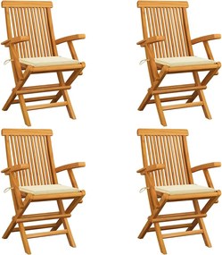 vidaXL Scaune grădină cu perne crem, 4 buc., lemn masiv de tec