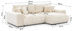 Colțar crem extensibil, cu spațiu de depozitare, cu tapițerie din catifea reiată (cu colț pe partea dreaptă) Sarina – Ropez