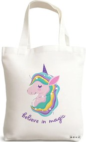 Sacosa de Panza pentru Cumparaturi, Geanta Tote, model Believe in Magic, 38x34.5 cm, Alba, BEKZ®