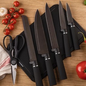 Set cuțite Klausberg KB 7977, 8 piese, Oțel inoxidabil, Suport, Suport hârtie de bucătărie, Negru