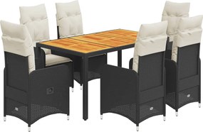 vidaXL Set bistro de grădină, 7 piese, cu perne, negru, poliratan
