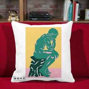 Perna Decorativa Ganditorul Sculptura Pop Art, 40x40 cm, Alba Mata, Husa Detasabila, Perna Inclusa, BEKZ®
