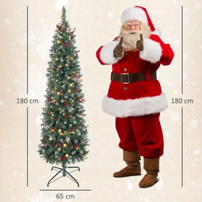 HOMCOM Pom de Crăciun Subțire 180 cm Artificial, Lumini Incorporate în 8 Moduri, 200 Ramuri Dens Ignifuge Înzăpezite, 42 Conuri și 42 Grămezi de Bacche, Pom de Crăciun Îngust și Înalt cu Bază Metalică | Aosom Romania