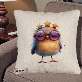 Perna Decorativa Pui Pop Star cu Ochelari Stele Violet, 40x40 cm, Bej Canapea, Husa Detasabila, Perna Inclusa, BEKZ®