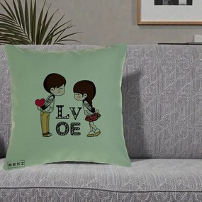 Cadou Romantic - Perna Personalizata Cuplu Kawaii LOVE, 40x40 cm, Verde, Husa Detasabila, Perna Inclusa, BEKZ®