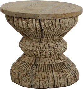 Măsuță laterală sculptată rotundă din lemn de tec, natur, cu bază în formă de clepsidră și decor geometric, 43 x 40 cm, „Karno”