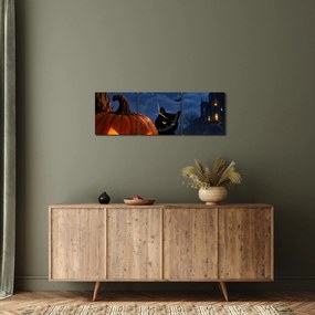Tablou - Pisică neagră lângă un dovleac luminat de Halloween (cu ceas) (90x30 cm)