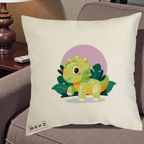 Perna Decorativa Triceratops Kawaii Verde, 40x40 cm, Ecru, Husa Detasabila, Perna Inclusa, BEKZ®