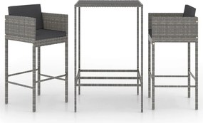 vidaXL Set mobilier bar de grădină, cu perne, 3 piese, gri, poliratan