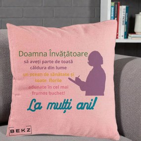 Cadou pentru Invatatoare - Perna Personalizata Doamna Invatatore La Multi Ani cu Silueta si Text Colorat, 40x40 cm, Roz, Husa Detasabila, Perna Inclusa, BEKZ®