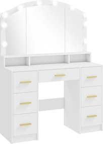 HOMCOM Masă de machiaj cu 10 becuri LED Hollywood, oglindă, 7 sertare, 3 compartimente, MDF, Alb | Aosom Romania