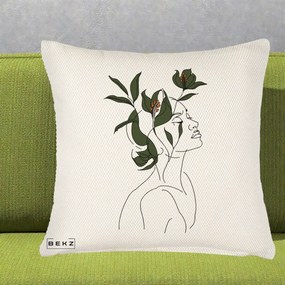 Perna Decorativa Portret Feminin Crin Verde, 40x40 cm, Crem Reliefat, Husa Detasabila, Perna Inclusa, BEKZ®