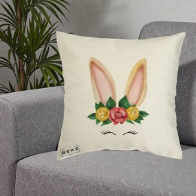 Perna Decorativa Iepuras Flori Urechi Pastelui, 40x40 cm, Ecru, Husa Detasabila, Perna Inclusa, BEKZ®
