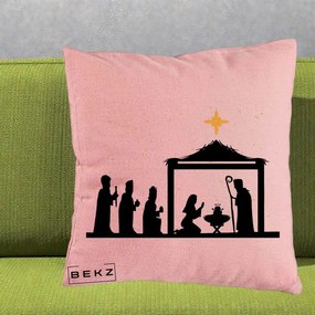 Perna Decorativa Nasterea Pruncului Silueta Neagra si Stea Aurie, 40x40 cm, Roz, Husa Detasabila, Perna Inclusa, BEKZ®