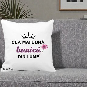 Cadou pentru Bunica - Perna Personalizata Cea Mai Buna Bunica Din Lume Coroana Mov Floare Roz, 40x40 cm, Alba Mata, Husa Detasabila, Perna Inclusa, BEKZ®