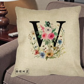 Cadou Personalizat - Perna Personalizata Monograma Florala Litera W, 40x40 cm, Crem, Husa Detasabila, Perna Inclusa, BEKZ®