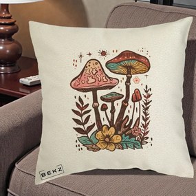 Perna Decorativa Ciuperci Boho Multicolore, 40x40 cm, Ecru, Husa Detasabila, Perna Inclusa, BEKZ®