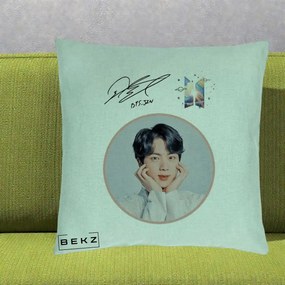 Perna Personalizata K-pop BTS Jin Portret cu Autograf, 40x40 cm, Verde Menta, Husa Detasabila, Perna Inclusa, BEKZ®