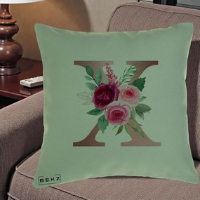 Cadou Personalizat - Perna Personalizata Monograma Rose Gold Litera X, 40x40 cm, Verde, Husa Detasabila, Perna Inclusa, BEKZ®