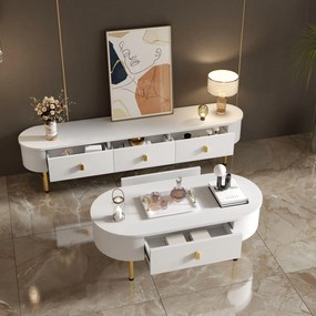 TV-dulap-masă de cafea-combinație, living-combinație cu sertare și colțuri rotunjite, Alb+Auriu