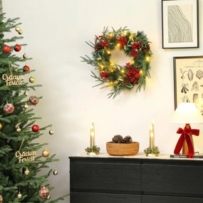 HOMCOM Ghirlandă de Crăciun de 60 cm cu Lumini LED Albe, Coroană de Crăciun cu Temporizator, 170 de Ramuri, Conuri de Pin, Boabe și Vâsc, Decor de Crăciun pentru Ușă și Fereastră, Verde | Aosom Romania