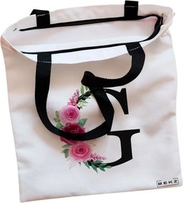 Sacosa de Panza pentru Cumparaturi, Geanta Tote, Cu litera G si Trandafiri, Cu fermoar, 38x34.5 cm, Alba, BEKZ®