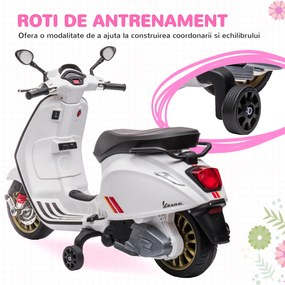 AIYAPLAY Motocicletă Electrică pentru Copii, Motocicletă cu Muzică, Două Motoare, Far, MP3, USB, Radio FM și 2 Roți de Antrenament, 107x47x73 cm, Alb | Aosom Romania