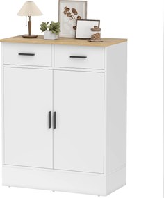 HOMCOM Bufet cu spațiu de depozitare, comodă cu 2 sertare, raft reglabil, pentru bucătărie, living, hol, lemn natural, alb | Aosom Romania