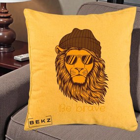 Perna Decorativa Leu Hipster Be Brave, 40x40 cm, Galben, Husa Detasabila, Perna Inclusa, BEKZ®