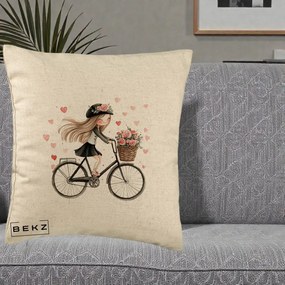 Perna Decorativa Fetita Kawaii pe Bicicleta cu Trandafiri si Inimioare, 40x40 cm, Bej, Husa Detasabila, Perna Inclusa, BEKZ®