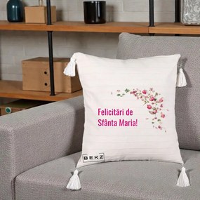 Cadou de Onomastica - Perna Personalizata Felicitari de Sfanta Maria, 40x40 cm, Bej cu Franjuri, Husa Detasabila, Perna Inclusa, BEKZ®
