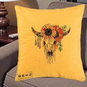 Perna Decorativa Craniu Boho Floral, 40x40 cm, Galben, Husa Detasabila, Perna Inclusa, BEKZ®
