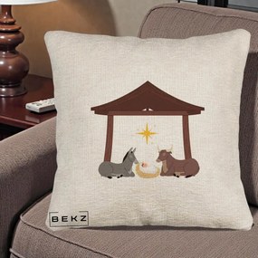 Perna Decorativa Ieslea din Betleem cu Iesle Asin si Bou, 40x40 cm, Bej Canapea, Husa Detasabila, Perna Inclusa, BEKZ®