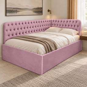 Pat tapițat pentru copii din catifea Elyra 140×200 cm, roz, colț stânga, cu ladă de depozitare