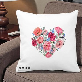 Perna Decorativa Inima din Bujori Acuarela, 40x40 cm, Alba Mata, Husa Detasabila, Perna Inclusa, BEKZ®